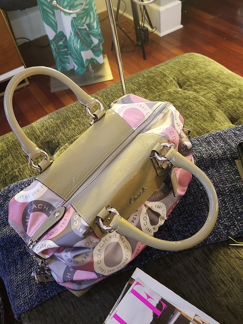 Coach Ashley Snaphead Satchel W/Pink & Olive Circle-Print Satin & Patent Trim - Picture 7 of 16